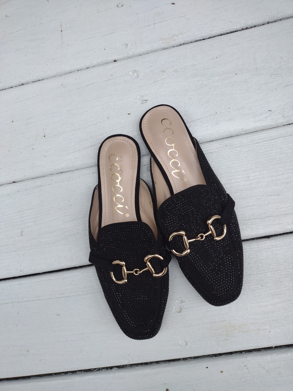 Womens Black Shimmer Slide Mila Flats With Gold Tone Hardware Size 10